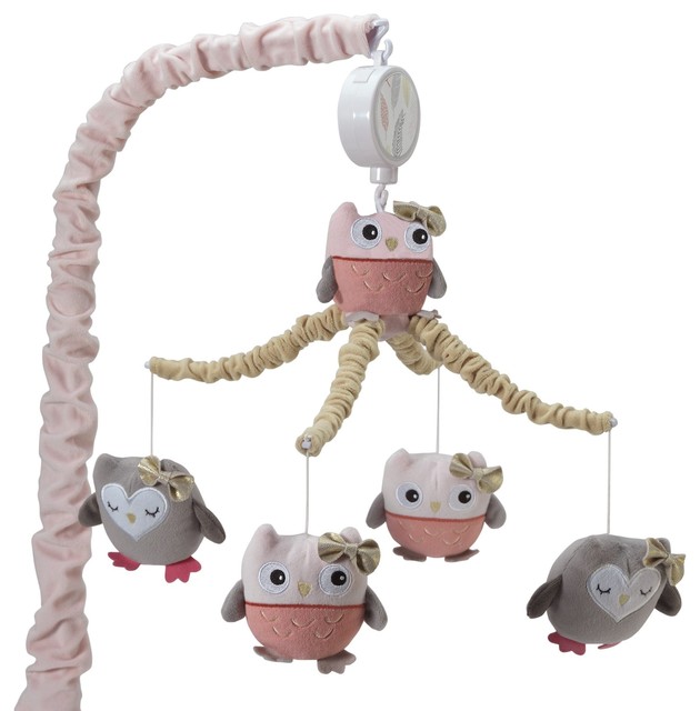 Lambs & Ivy Family Tree Pink/Gray/Tan Owl Musical Baby Crib Mobile