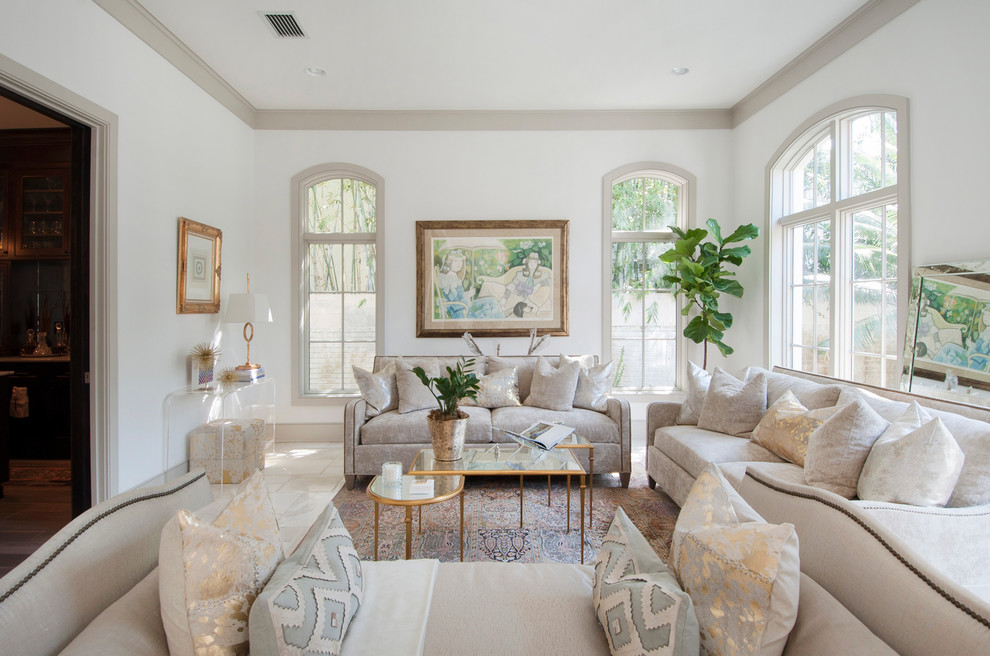 Mid-sized transitional formal enclosed living room in Tampa with white walls and no tv.