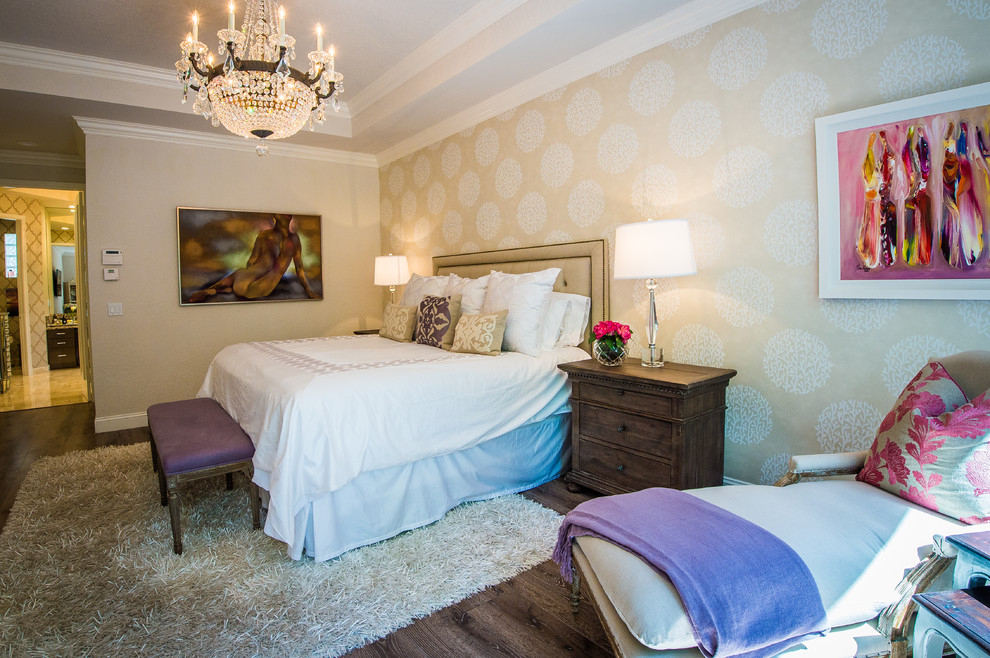Transitional dark wood floor bedroom photo in Miami with beige walls