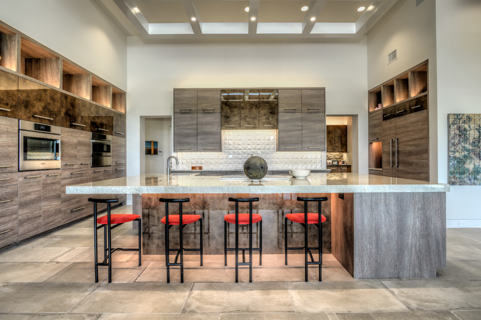 Inspiration for a large contemporary u-shaped porcelain tile and gray floor eat-in kitchen remodel in Houston with a double-bowl sink, quartzite countertops, white backsplash, stainless steel appliances, an island, flat-panel cabinets, light wood cabinets, ceramic backsplash and gray countertops