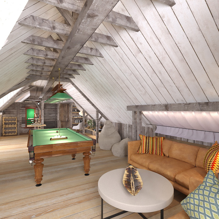 Зоны отдыха. Мансардный этаж бани-зона отдыха и развлечений в стиле Шале.