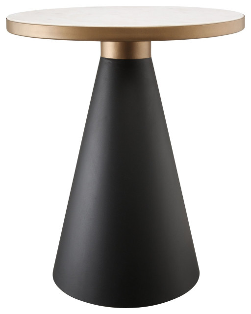 Elegant End Table, Black Conical Pedestal Base & Marble Top With Golden