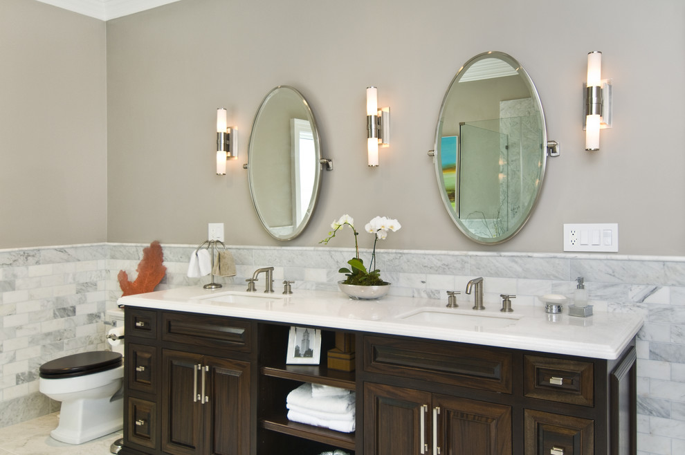 This is an example of a transitional bathroom in San Francisco with an undermount sink.
