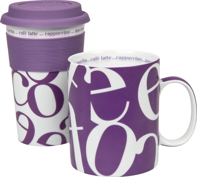 Set of 2 Script Collage Mugs Purple To Stay/To Go