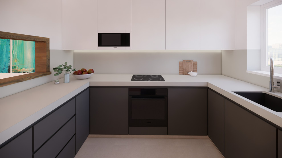 Small modern grey and white u-shaped kitchen/diner in Other with a submerged sink, flat-panel cabinets, grey cabinets, engineered stone countertops, grey splashback, ceramic splashback, integrated appliances, ceramic flooring, grey floors and grey worktops.