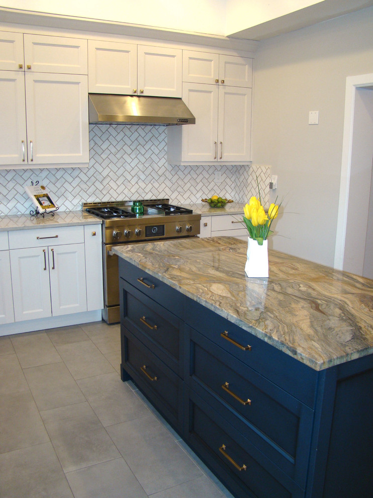 Example of a large transitional u-shaped ceramic tile and gray floor eat-in kitchen design in Denver with a double-bowl sink, recessed-panel cabinets, white cabinets, granite countertops, white backsplash, marble backsplash, stainless steel appliances, an island and multicolored countertops