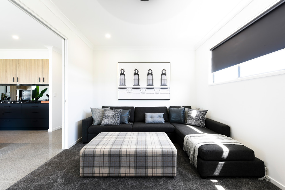 Design ideas for a contemporary home theatre in Sunshine Coast with white walls, carpet and grey floor.