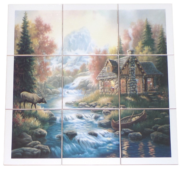Elk Cabin Kiln Fired Ceramic Tile Mural Backsplash Woods Stream 9 Piece Set