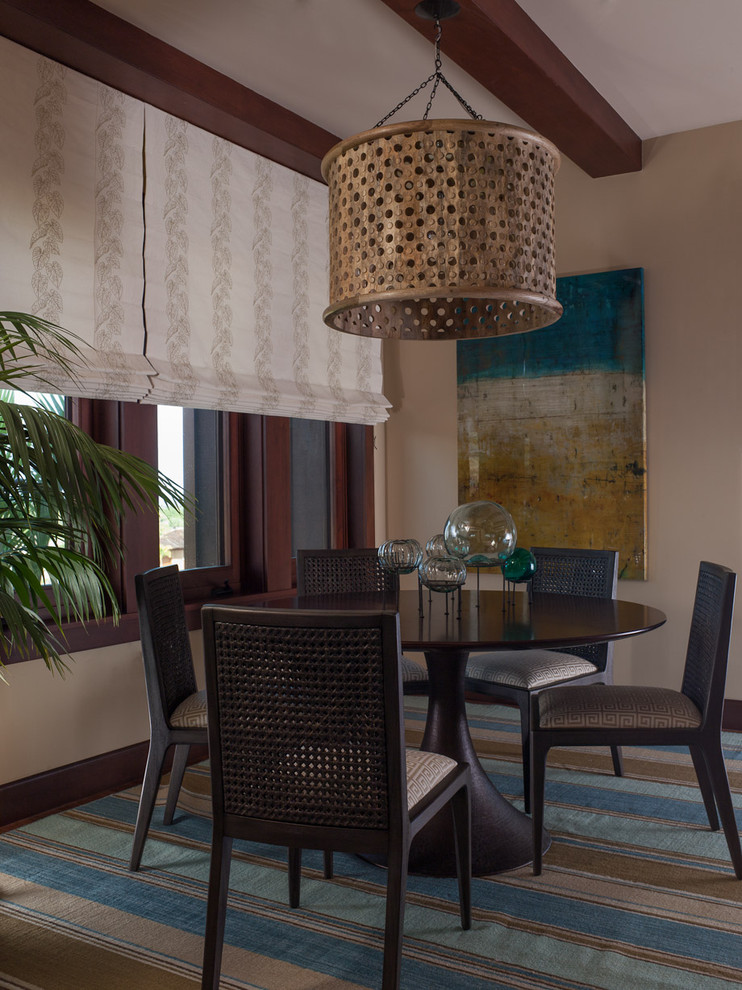 Design ideas for a mid-sized traditional open plan dining in Hawaii with beige walls and carpet.