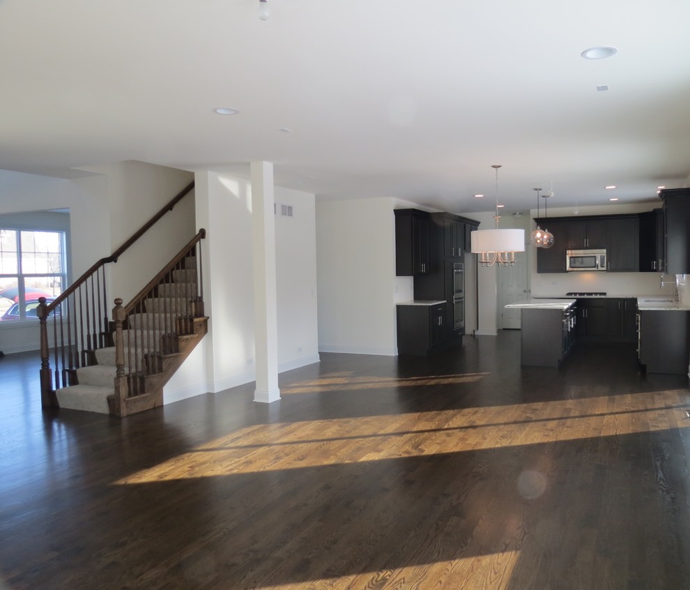 Inspiration for a transitional dark wood floor kitchen remodel in Chicago with a single-bowl sink, flat-panel cabinets, dark wood cabinets, granite countertops, stainless steel appliances and an island