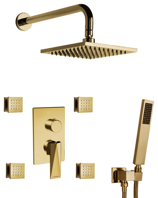 Bravat Brushed Gold Wall Mounted Square Shower Set, Valve Mixer 3-Way ...