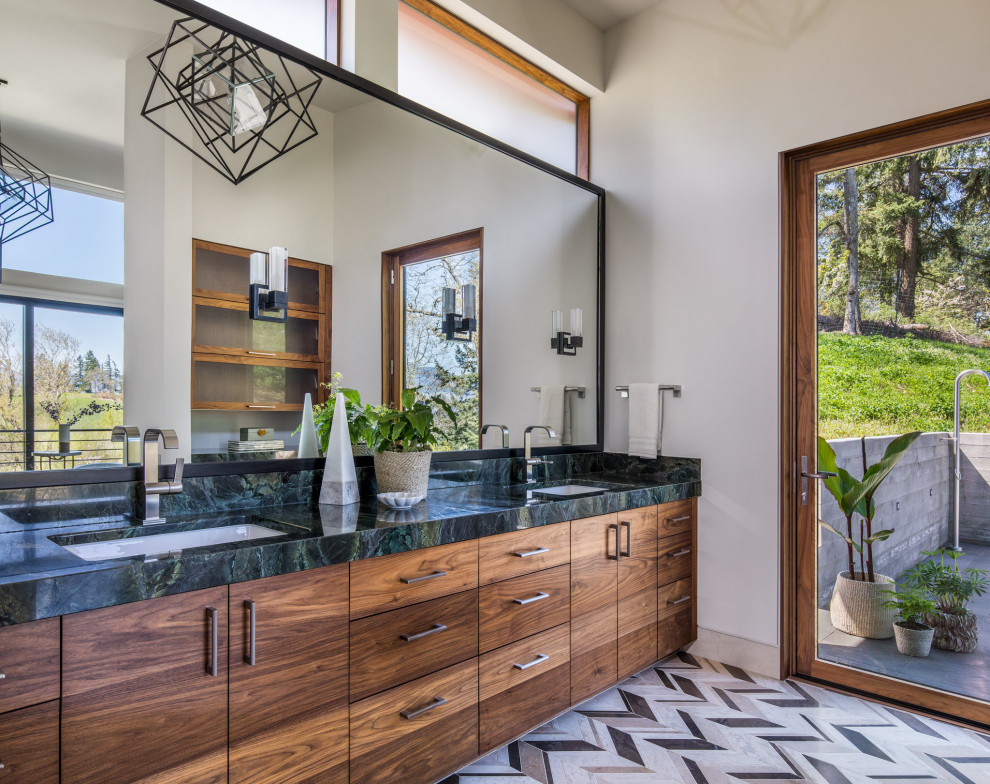 Inspiration for a large country master bathroom in Portland with limestone floors, an undermount sink, marble benchtops, multi-coloured floor, green benchtops, flat-panel cabinets, dark wood cabinets and white walls.