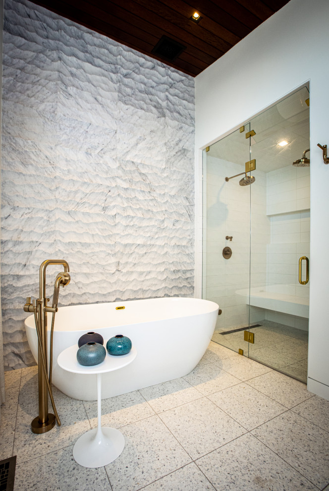 Bathroom - large contemporary master white tile and marble tile white floor, double-sink, wood ceiling and terrazzo floor bathroom idea in Salt Lake City with brown cabinets, white walls, an undermount sink, marble countertops, a hinged shower door, white countertops and a built-in vanity