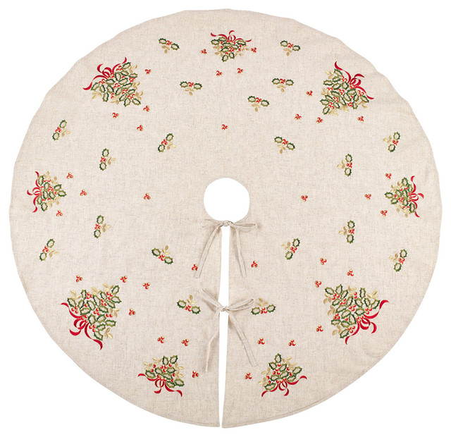 Embroidered Holly Design Decorative Linen Blend Christmas Tree Skirt