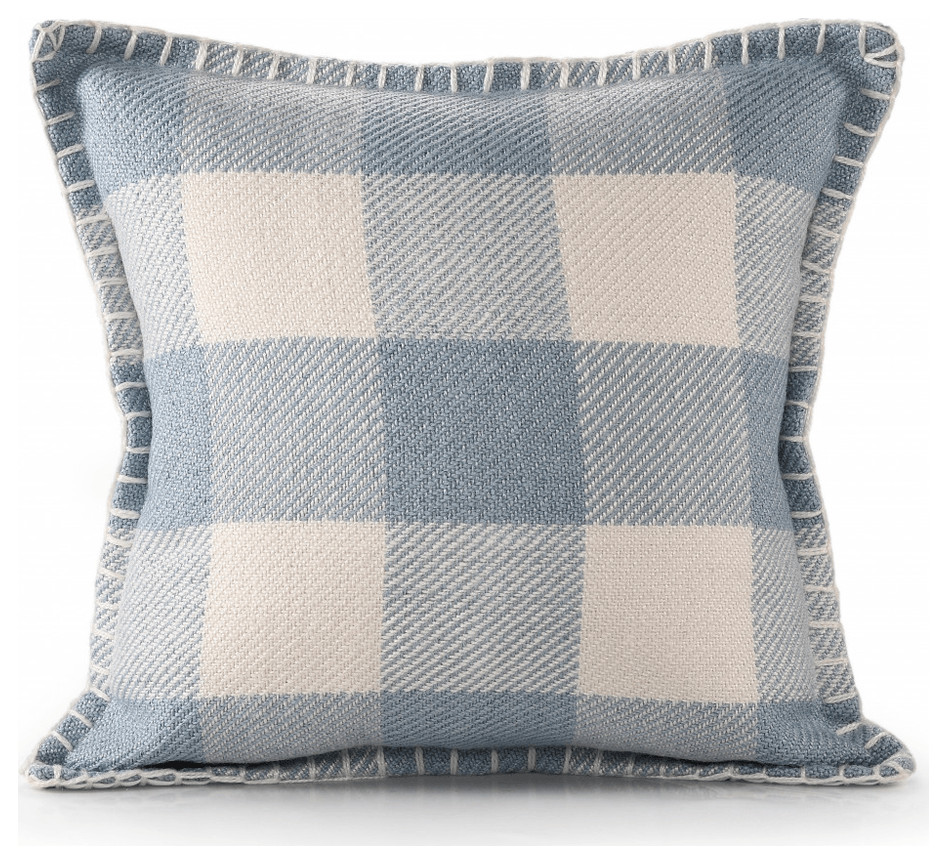 20" X 20" Light Blue And Ivory Polyester Plaid Zippered Pillow