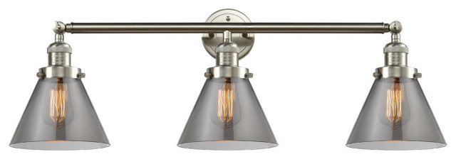 3-Light Large Cone 32" Bath Fixture, Brushed Satin Nickel, Glass: Smoked