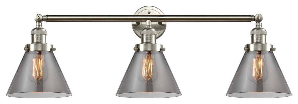 3-Light Large Cone 32" Bath Fixture, Brushed Satin Nickel, Glass: Smoked