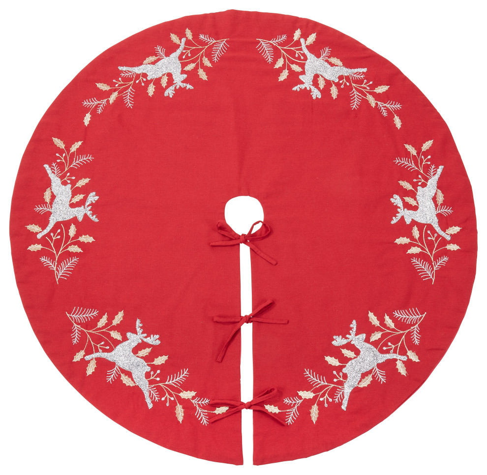 Christmas Tree Skirt With Embroidered Reindeer Design, Red, 54"x54"