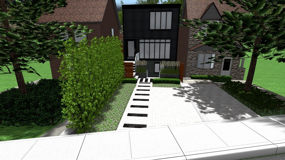 Design ideas for a small modern front yard shaded driveway in Toronto with concrete pavers.