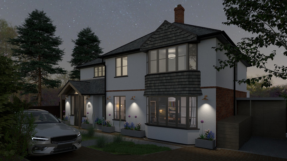 Design ideas for a large and white classic two floor render and front house exterior in Surrey with a hip roof, a tiled roof and a grey roof.