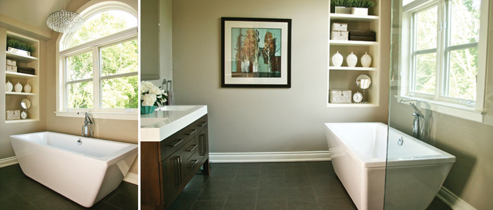 Trendy gray tile and porcelain tile porcelain tile bathroom photo in Toronto with flat-panel cabinets, dark wood cabinets and beige walls
