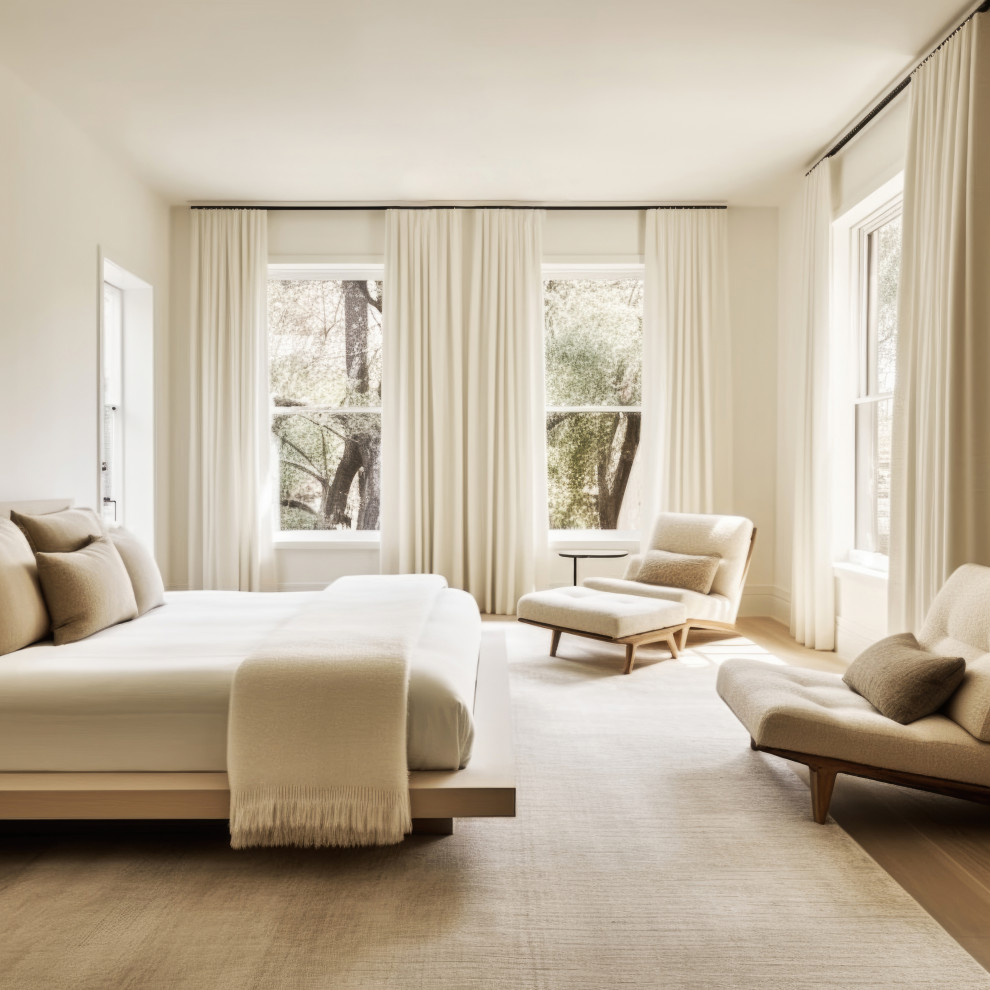 Großes Modernes Hauptschlafzimmer ohne Kamin mit weißer Wandfarbe, hellem Holzboden, beigem Boden, Holzdielendecke und Holzdielenwänden
