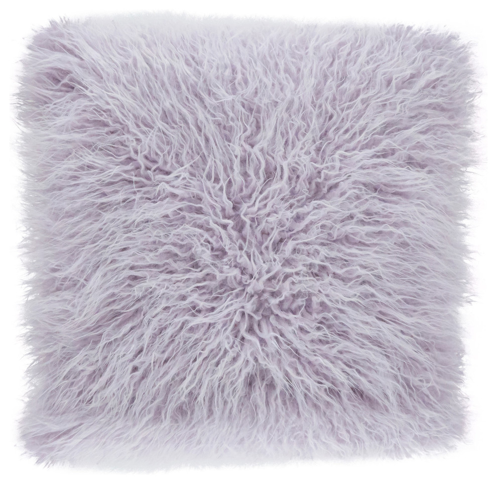 Mongolian Faux Fur Poly Filled Throw Pillow, Lavender, 18"x18"