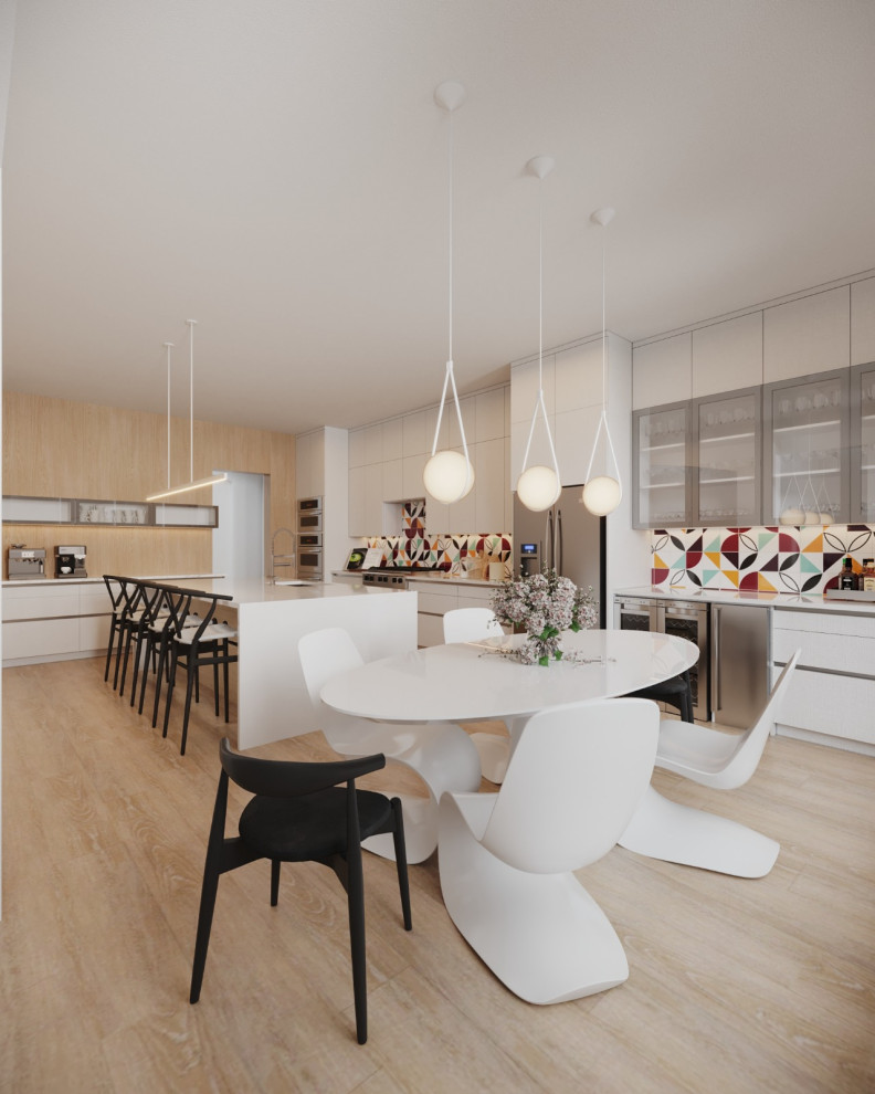 Design ideas for a large modern single-wall eat-in kitchen in Dallas with flat-panel cabinets, white cabinets, wood benchtops, white splashback, stainless steel appliances, with island, beige floor and white benchtop.