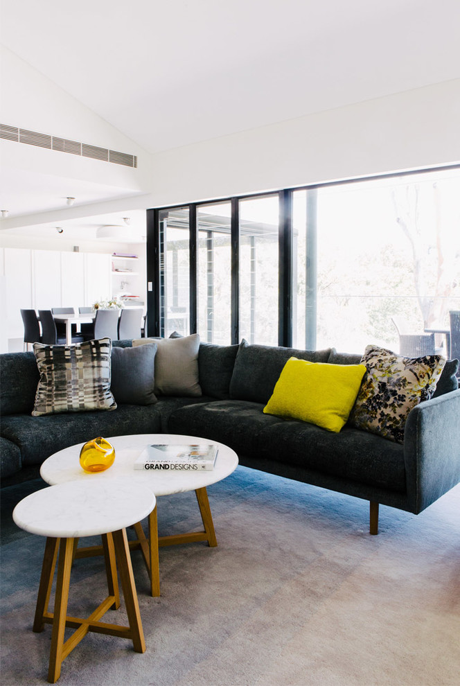 This is an example of a contemporary open concept living room in Sydney with white walls and no fireplace.