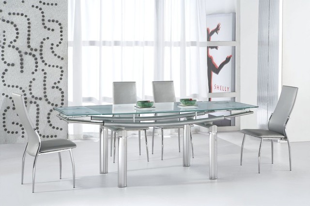 Extendable Recangular Frosted Glass Top Leather Modern Dining Set with Leaf