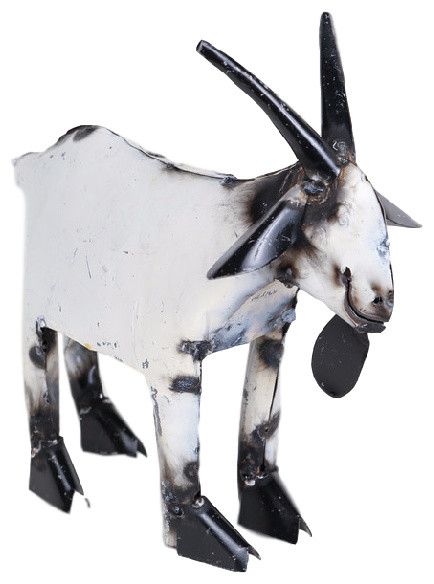 Recycled Metal Garden Farmhouse Goat-Handmade-Rustic, White & Black, Small