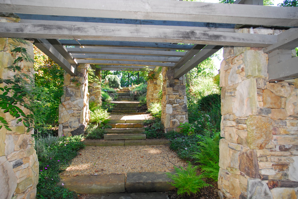 Expansive traditional sloped shaded garden in Charlotte with gravel and a garden path for spring.