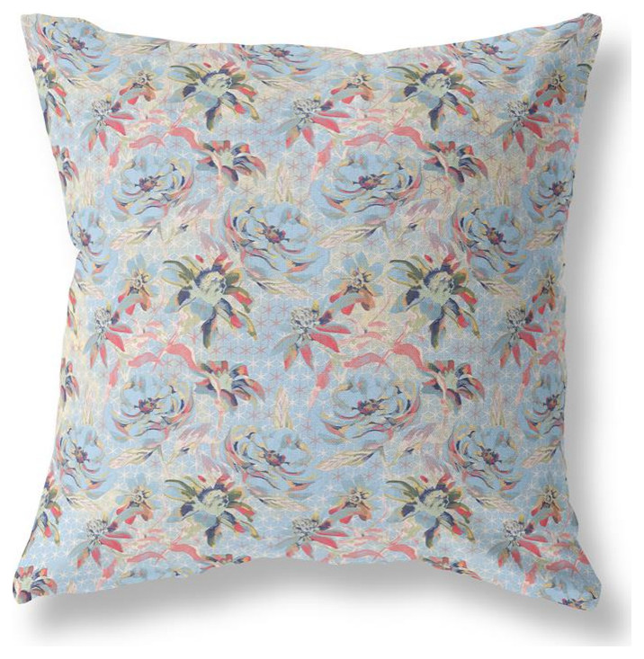 Roses Sprayed Stars Indoor/Outdoor Fabric Pillow in Light Blue Red