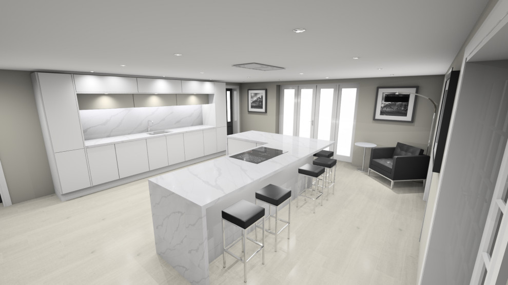 Photo of a large modern eat-in kitchen in Cardiff with an integrated sink, flat-panel cabinets, white cabinets, quartz benchtops, black appliances, porcelain floors, with island, yellow floor and white benchtop.