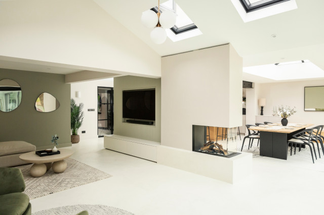 Chestnut - Open Plan Living Dining Space with Corner Fire contemporary-vardagsrum