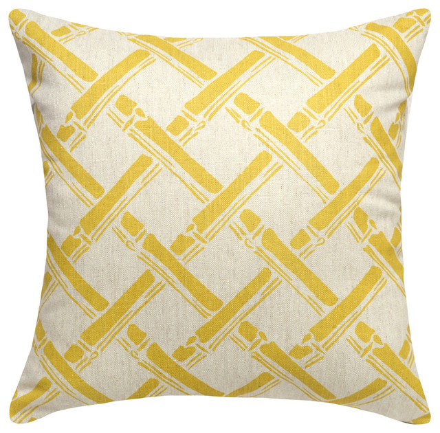 Bamboo Trellis Printed Linen Pillow With Feather-Down Insert, Mustard