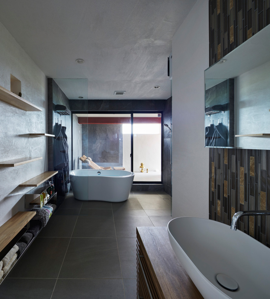 Inspiration for a modern master yellow tile and porcelain tile porcelain tile and single-sink bathroom remodel in Other with medium tone wood cabinets, gray walls, a vessel sink, wood countertops and a built-in vanity