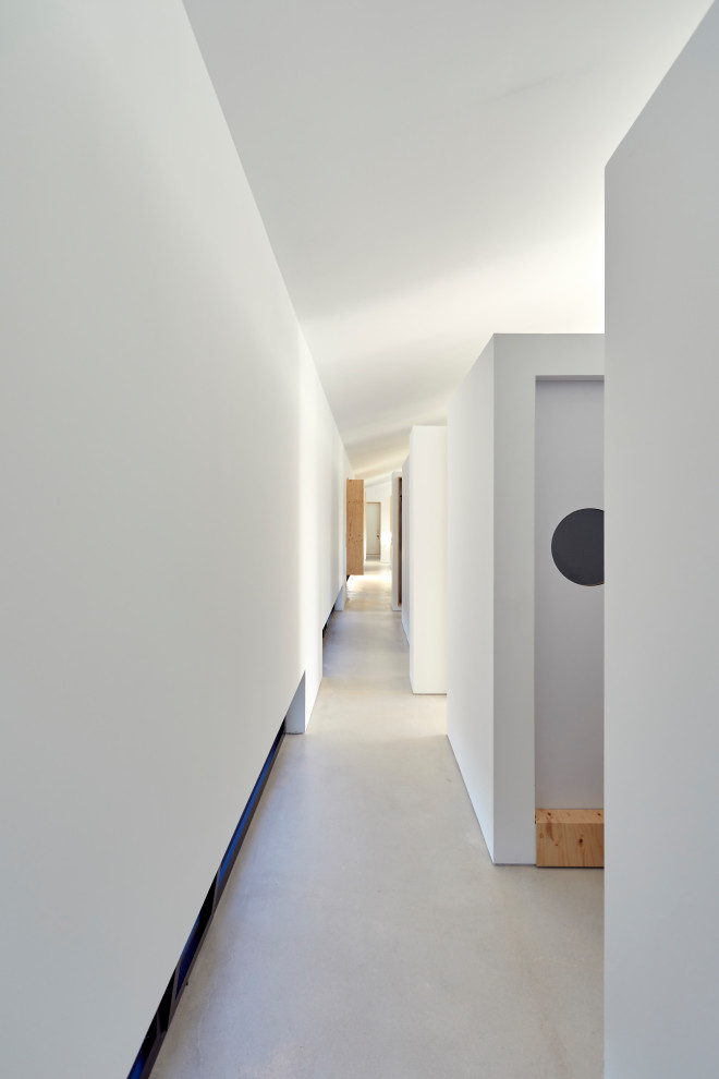 Свежая идея для дизайна: большой коридор в стиле лофт с белыми стенами и серым полом - отличное фото интерьера