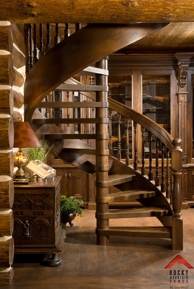 Mountain style medium tone wood floor staircase photo