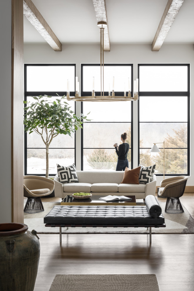 Inspiration for a contemporary medium tone wood floor and exposed beam living room remodel in Kansas City