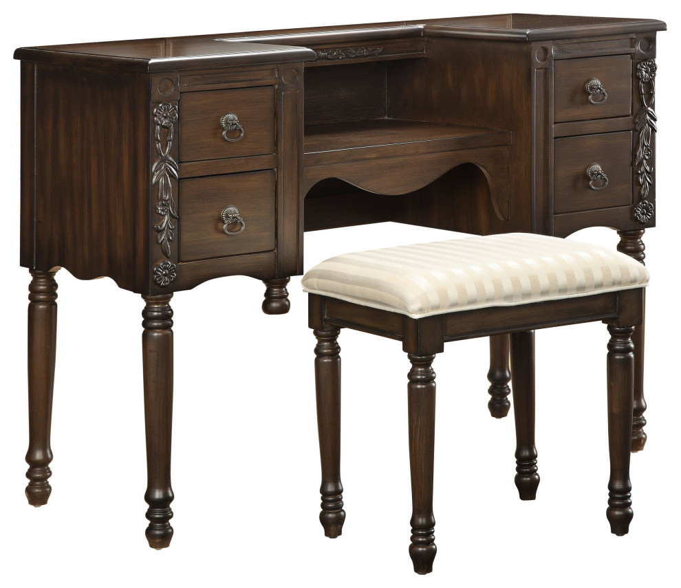 Wooden Vanity Desk With Stool, Oak Brown Traditional Bedroom