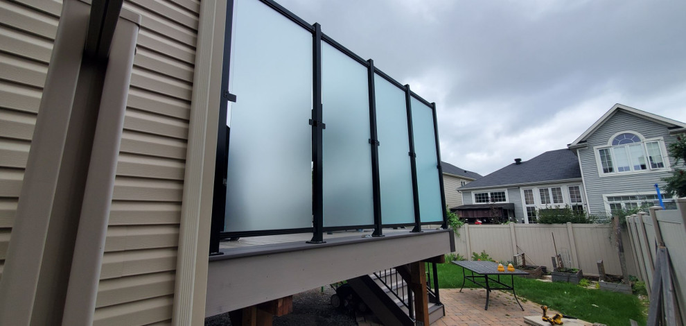Slate Gray with Dark Hickory, 6' high frosted privacy glass and alluminum railin