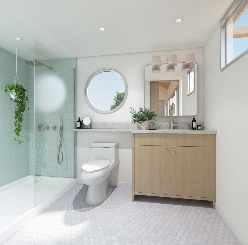 Свежая идея для дизайна: маленькая ванная комната в стиле неоклассика (современная классика) с плоскими фасадами, светлыми деревянными фасадами, душем в нише, унитазом-моноблоком, зеленой плиткой, керамической плиткой, белыми стенами, полом из керамической плитки, врезной раковиной, столешницей из искусственного кварца, белым полом, открытым душем, белой столешницей и тумбой под одну раковину для на участке и в саду - отличное фото интерьера