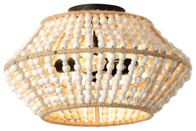 16 in 2-Light Weathered White Wood Beads Flush Mount Empire Ceiling Chandelier