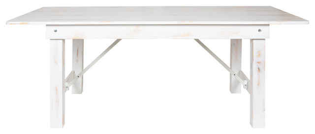 HERCULES Series 7' x 40" Rectangular Solid Pine Folding Farm Table, Antique Rustic White