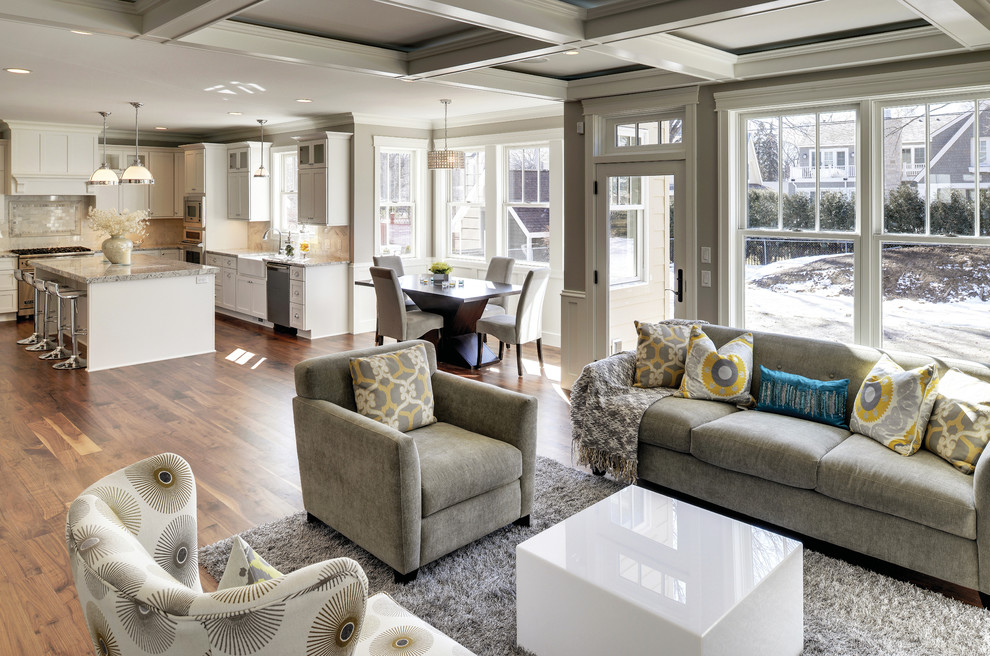Mid-sized transitional open concept living room in Cedar Rapids with grey walls, medium hardwood floors and brown floor.