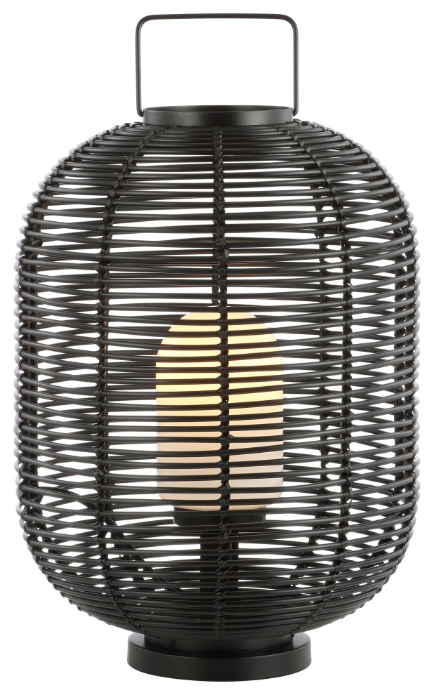 Kandella 26.7" Outdoor Woven Oval Asian LED Lantern, Black