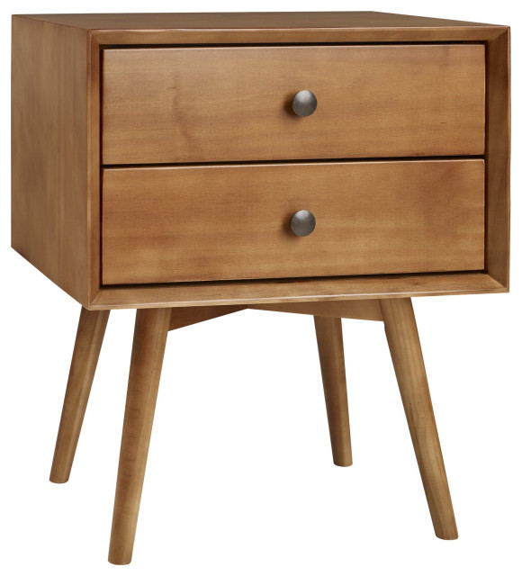Mid Century Modern Nightstand, Angled Legs & 2 Drawers With Round Knobs