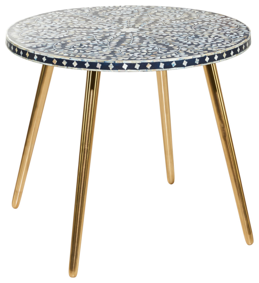 Round Black Wood Coffee Table With Irridescent White Shell Patterned