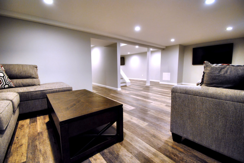 This is an example of a large traditional fully buried basement in New York with grey walls, vinyl floors, no fireplace and multi-coloured floor.